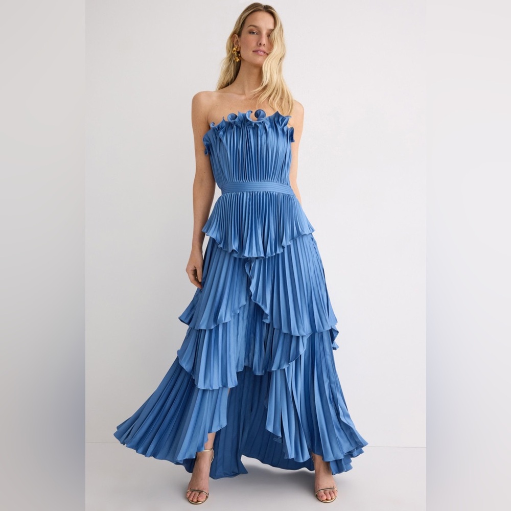 AMUR Blue Pleated Strapless Midi Dress